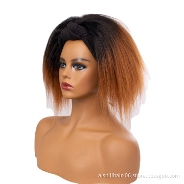 AISHILI Short Synthetic Hair Stright Ombre Black To Golden Brown Fluffy Wigs With Henaband For Women